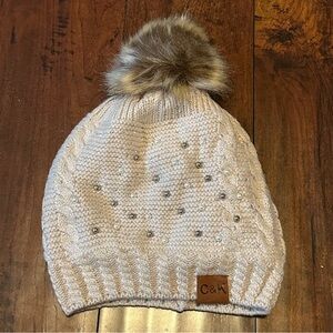 C&K fur Sherpa Pom beanie hat with faux pearl embellishment & fleece lining